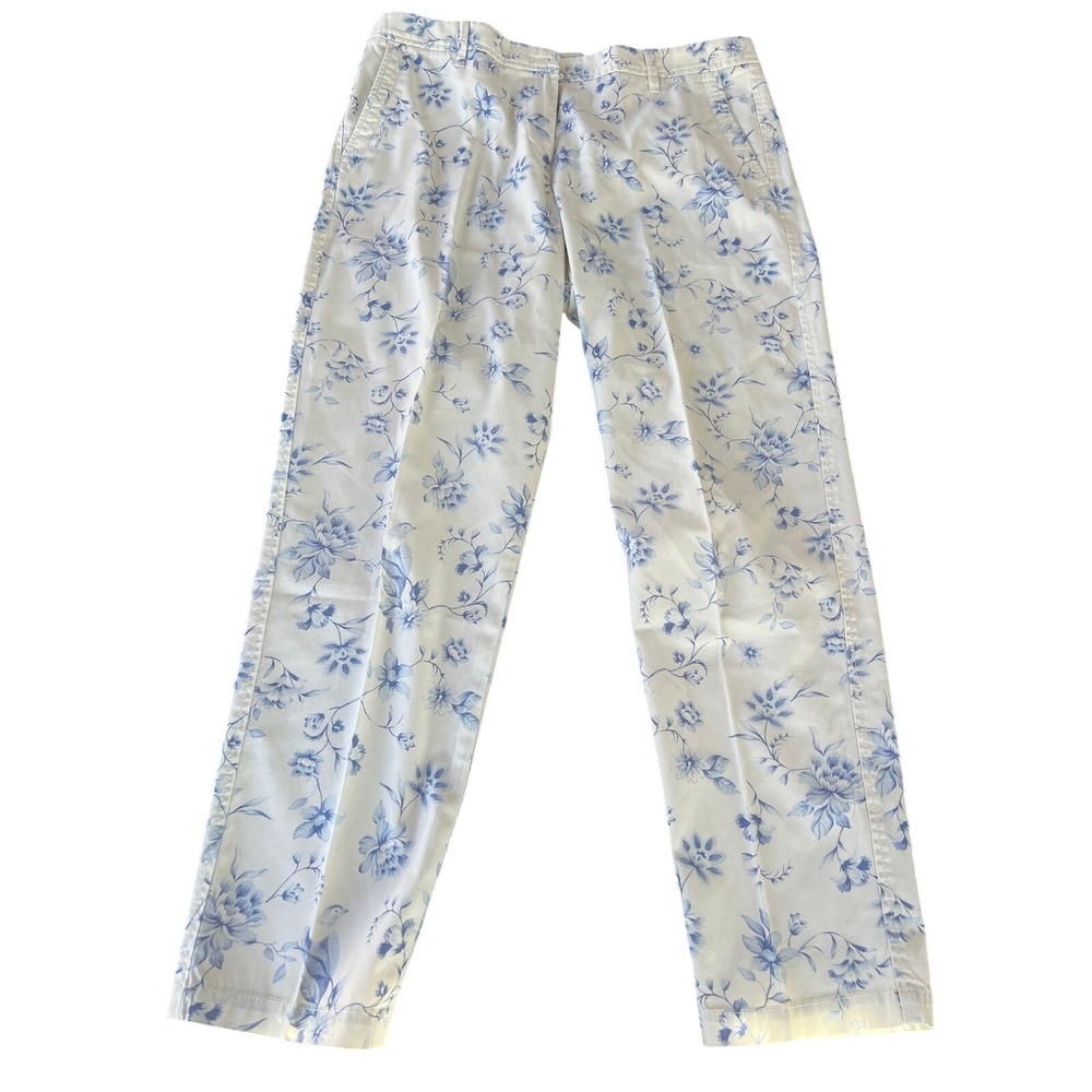 Talbots  Chino Pants Womens 10 Blue White Floral Toile Straight Leg Cotton